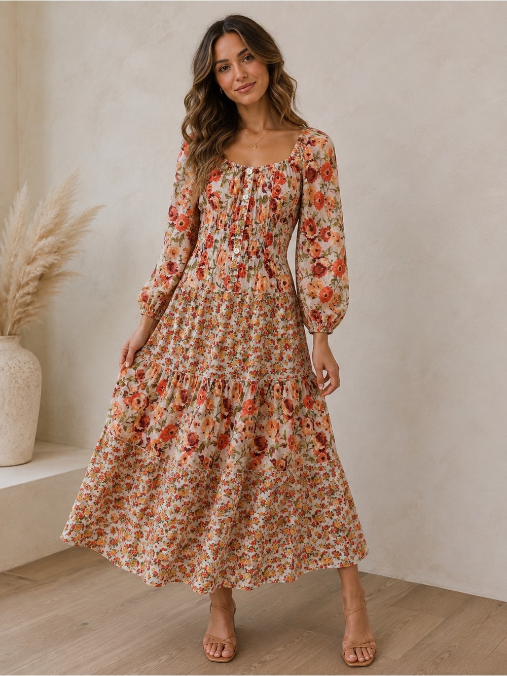 Figueroa & Flower Medium Floral Sheer Maxi Dress Boho Tiered